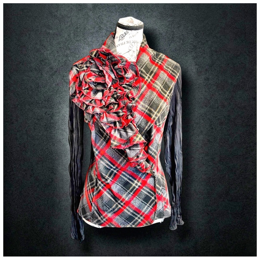 Alberto Malaki Asymmetrical Plaid Ruffle Top - Medium